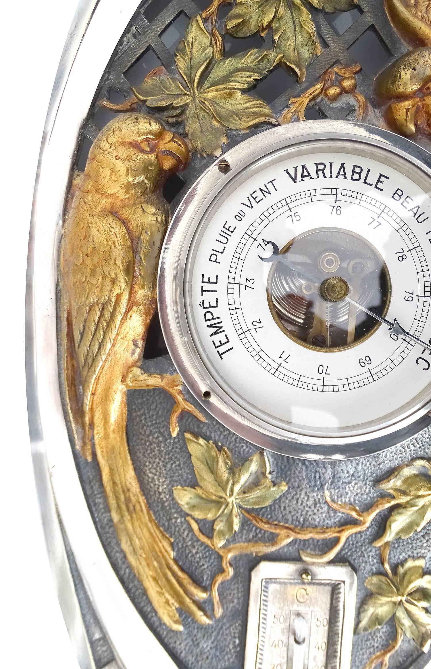 Metal Large French Art Deco Barometer with Gold Conure Parakeet  Bird  Silver Plated  