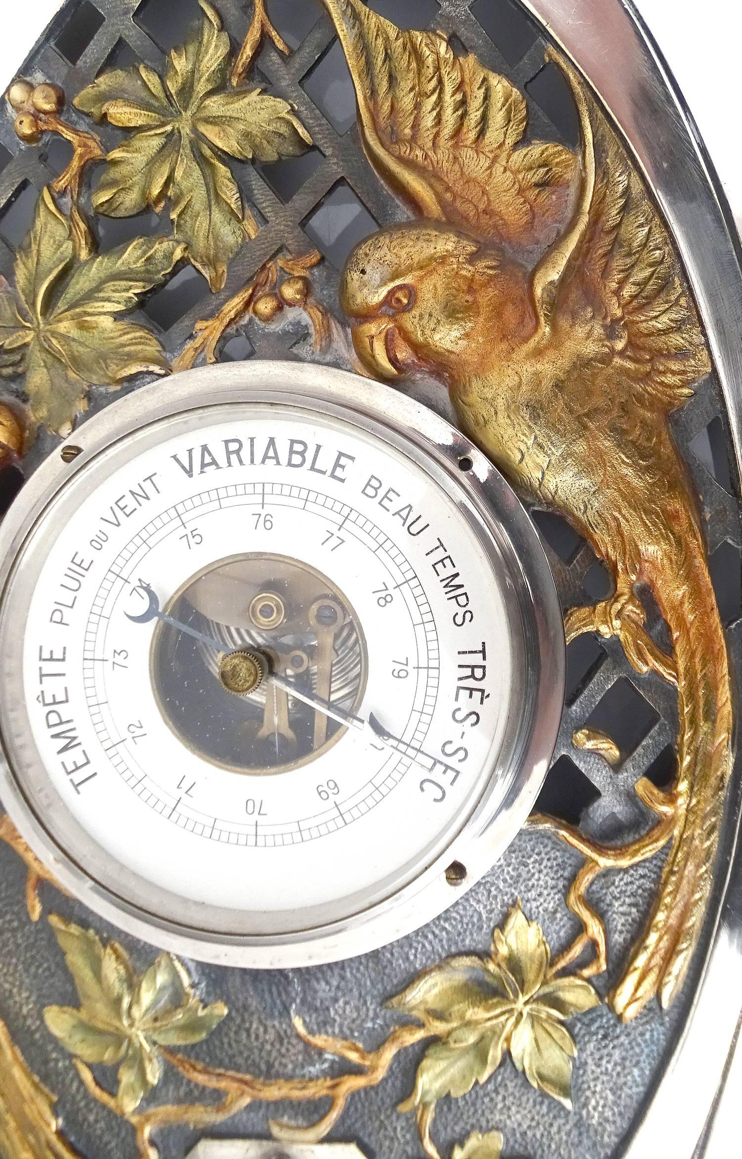 Large French Art Deco Barometer with Gold Conure Parakeet  Bird  Silver Plated   1