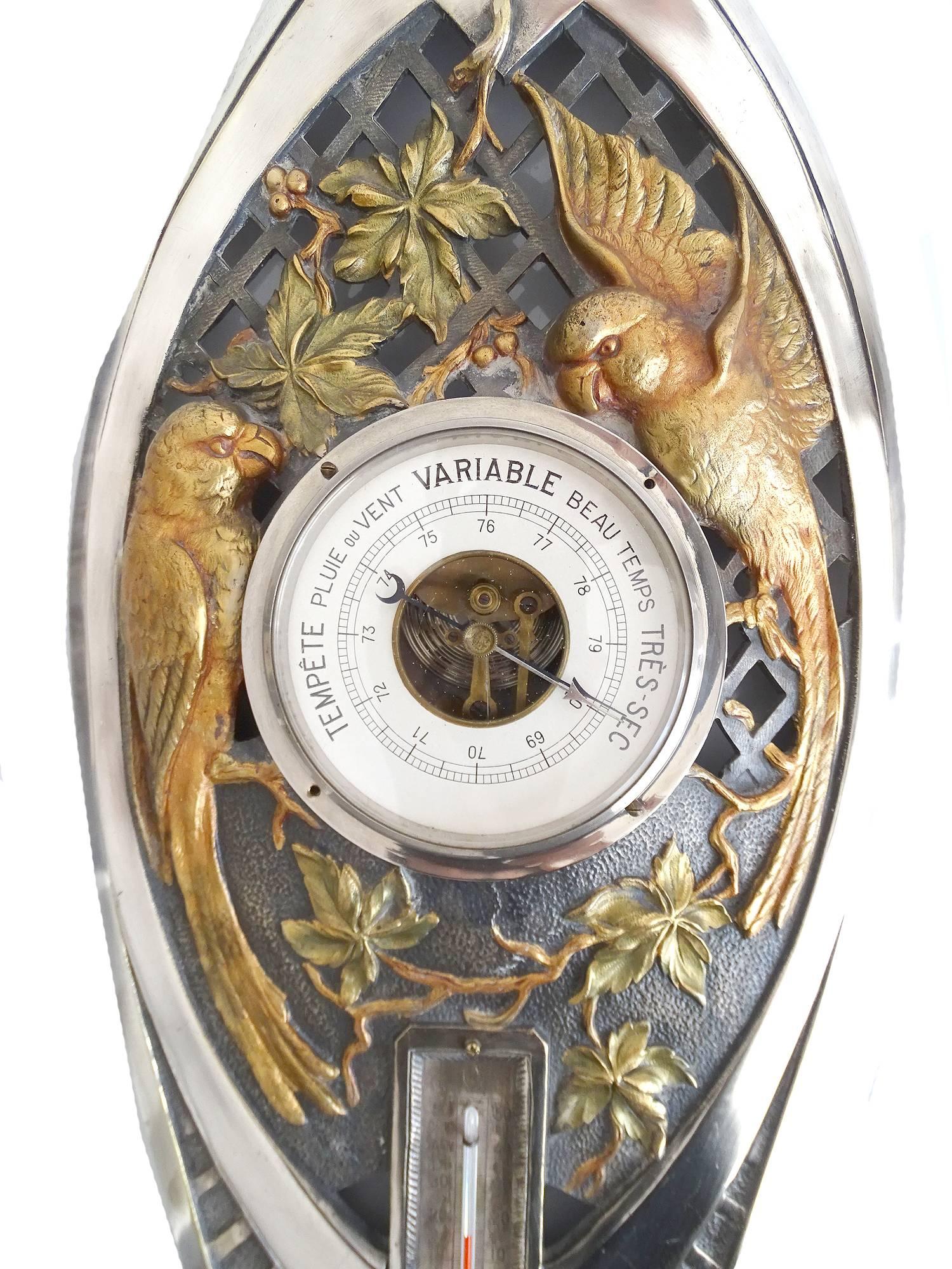 Large French Art Deco Barometer with Gold Conure Parakeet  Bird  Silver Plated   In Good Condition In Bremen, DE