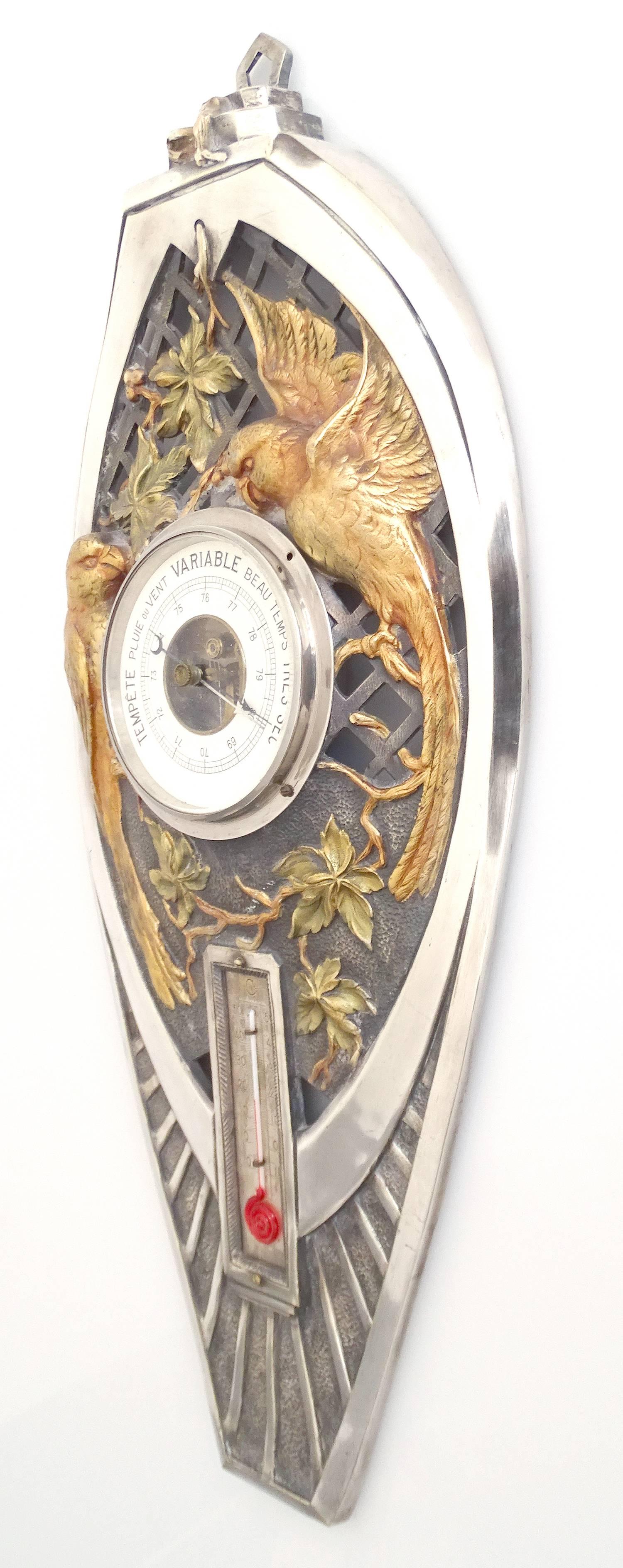 Large French Art Deco Barometer with Gold Conure Parakeet  Bird  Silver Plated   2