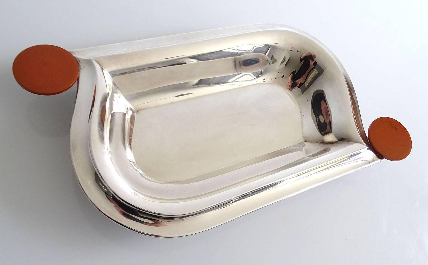 Art Deco Tray Vide Poche, Silver Plate & Catalin, 1930s Modernist Design In Excellent Condition In Bremen, DE