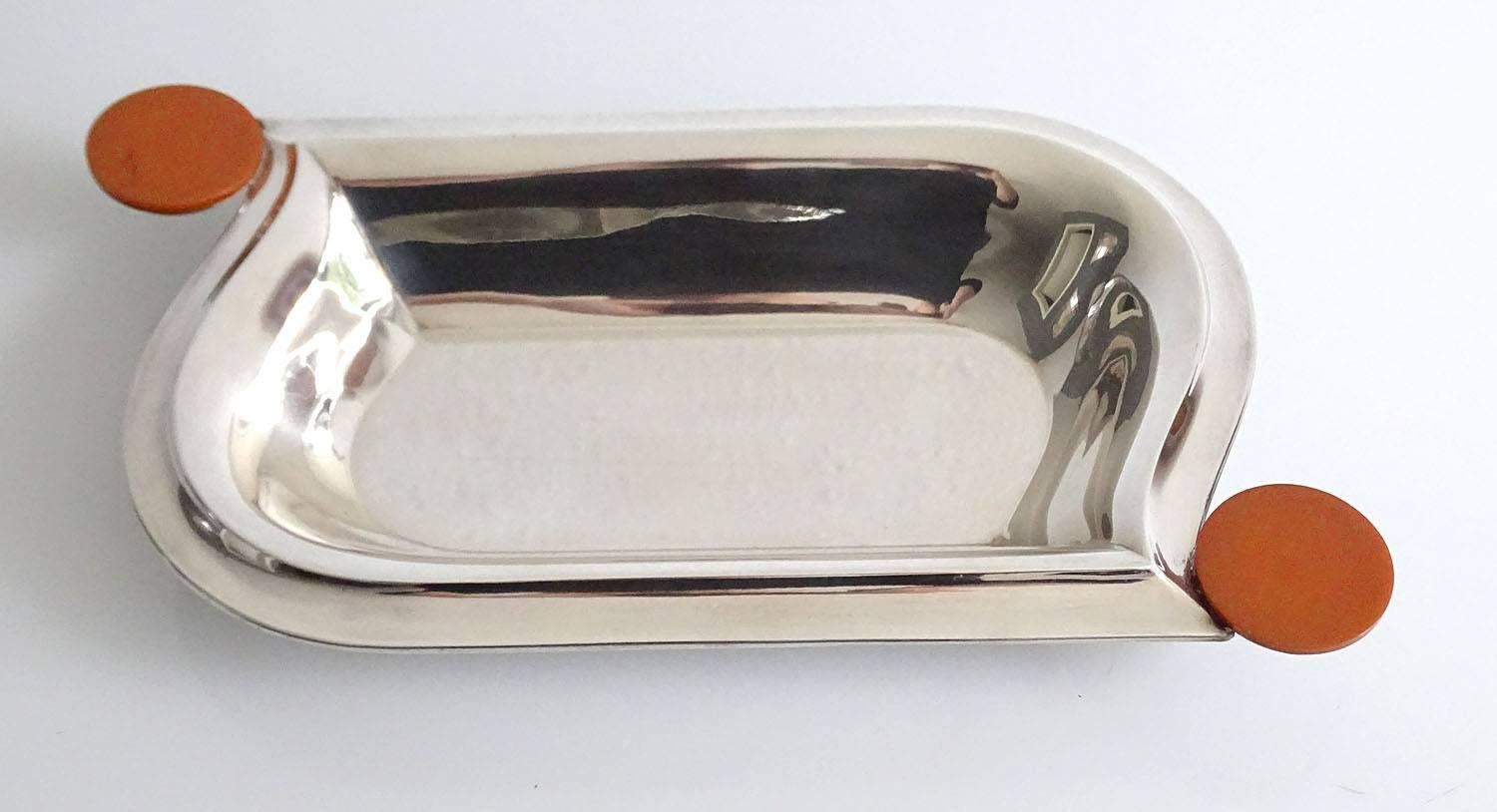 German Art Deco Tray Vide Poche, Silver Plate & Catalin, 1930s Modernist Design