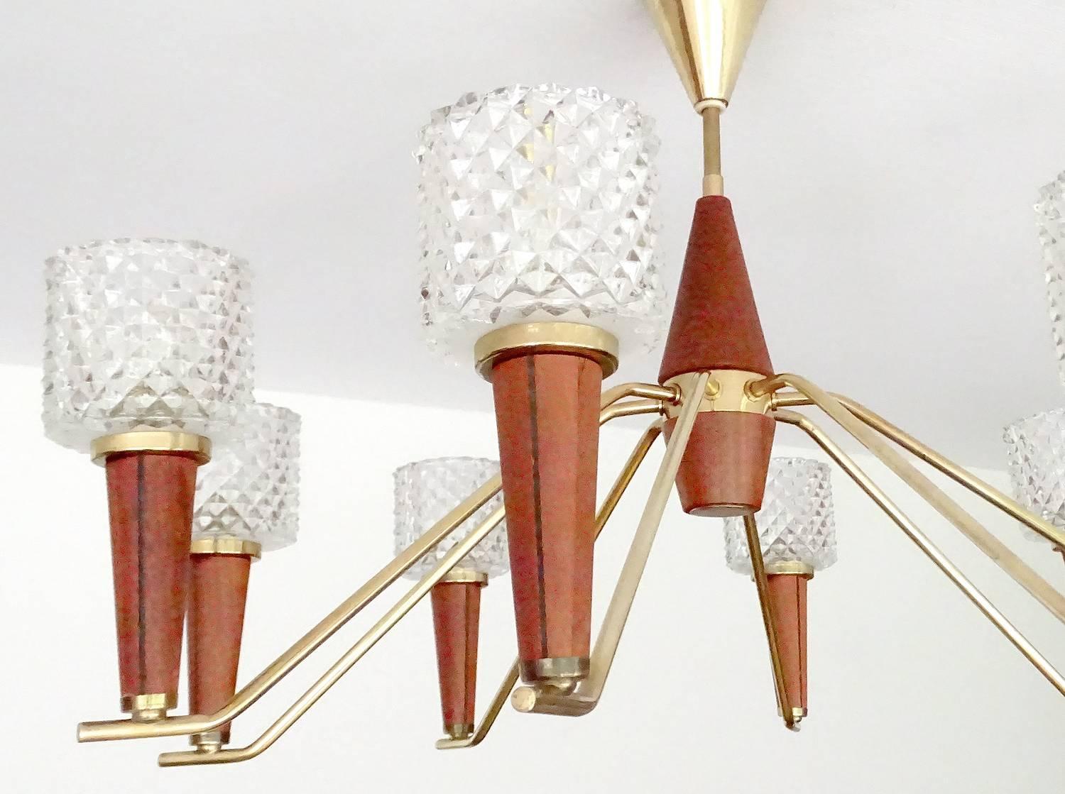 Italian Brass and Glass  Chandelier Danish Modern Teak Glass Ceiling Lamp 60s 1