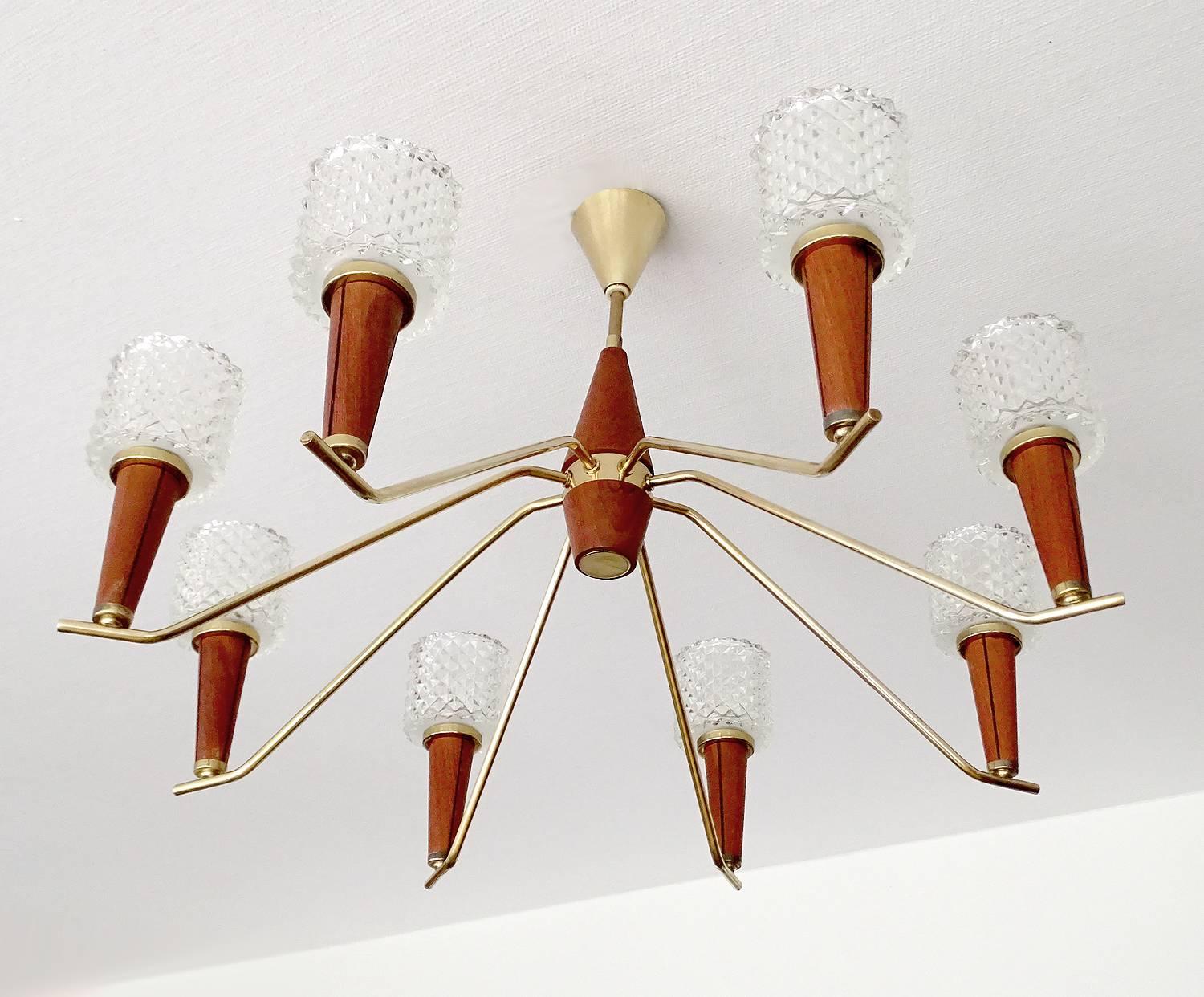 Scandinavian Modern Italian Brass and Glass  Chandelier Danish Modern Teak Glass Ceiling Lamp 60s