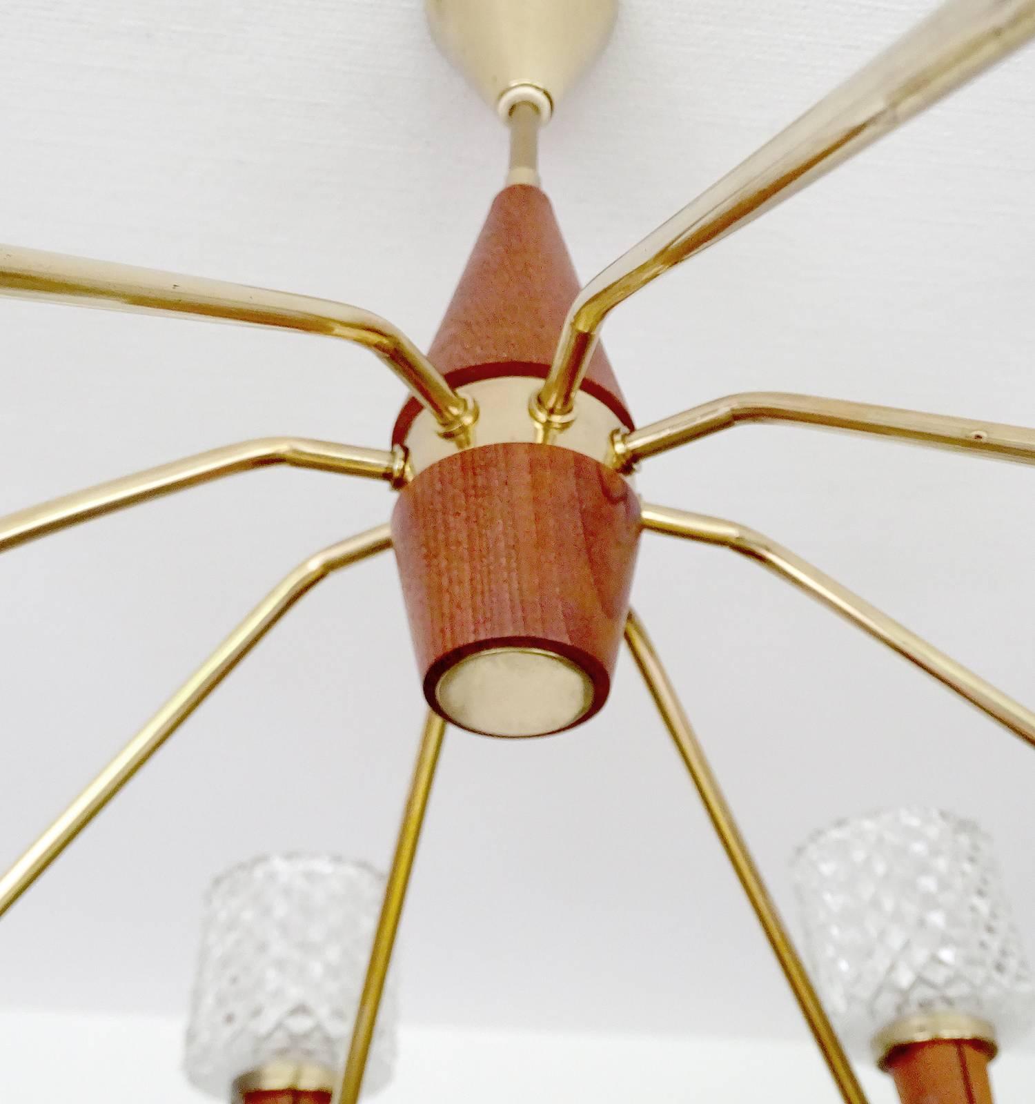 Italian Brass and Glass  Chandelier Danish Modern Teak Glass Ceiling Lamp 60s 3