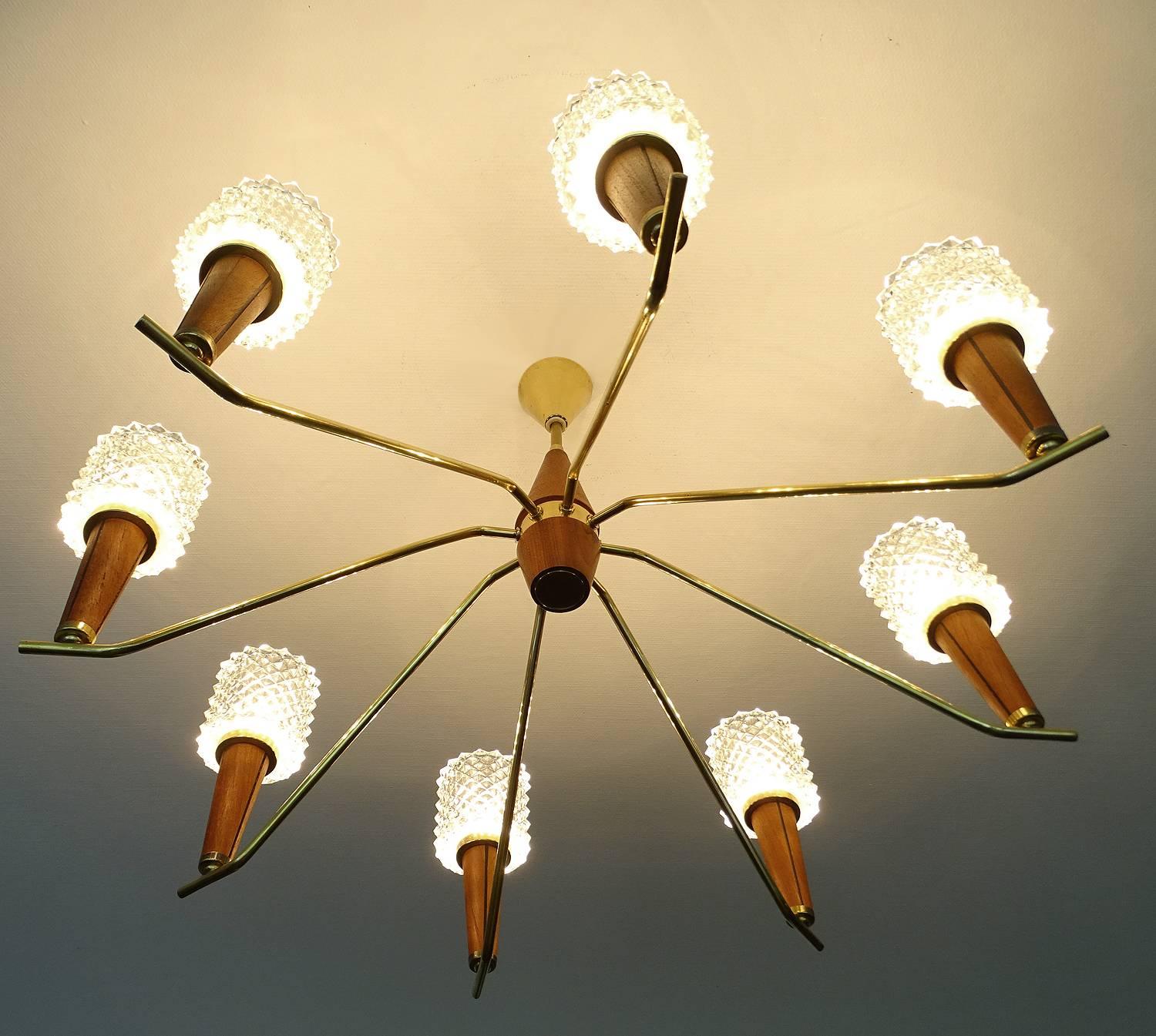 Mid-20th Century Italian Brass and Glass  Chandelier Danish Modern Teak Glass Ceiling Lamp 60s