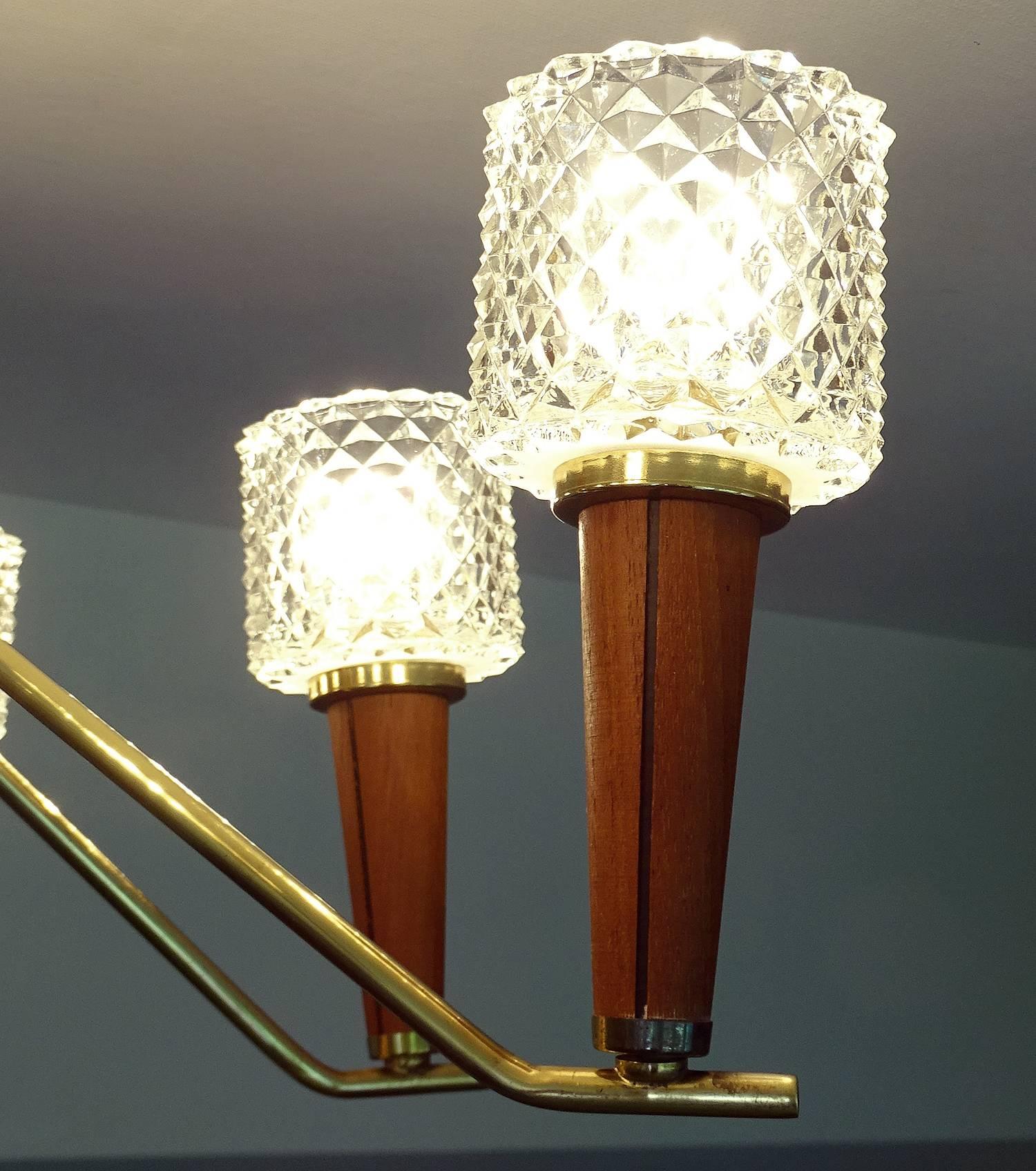Italian Brass and Glass  Chandelier Danish Modern Teak Glass Ceiling Lamp 60s 4