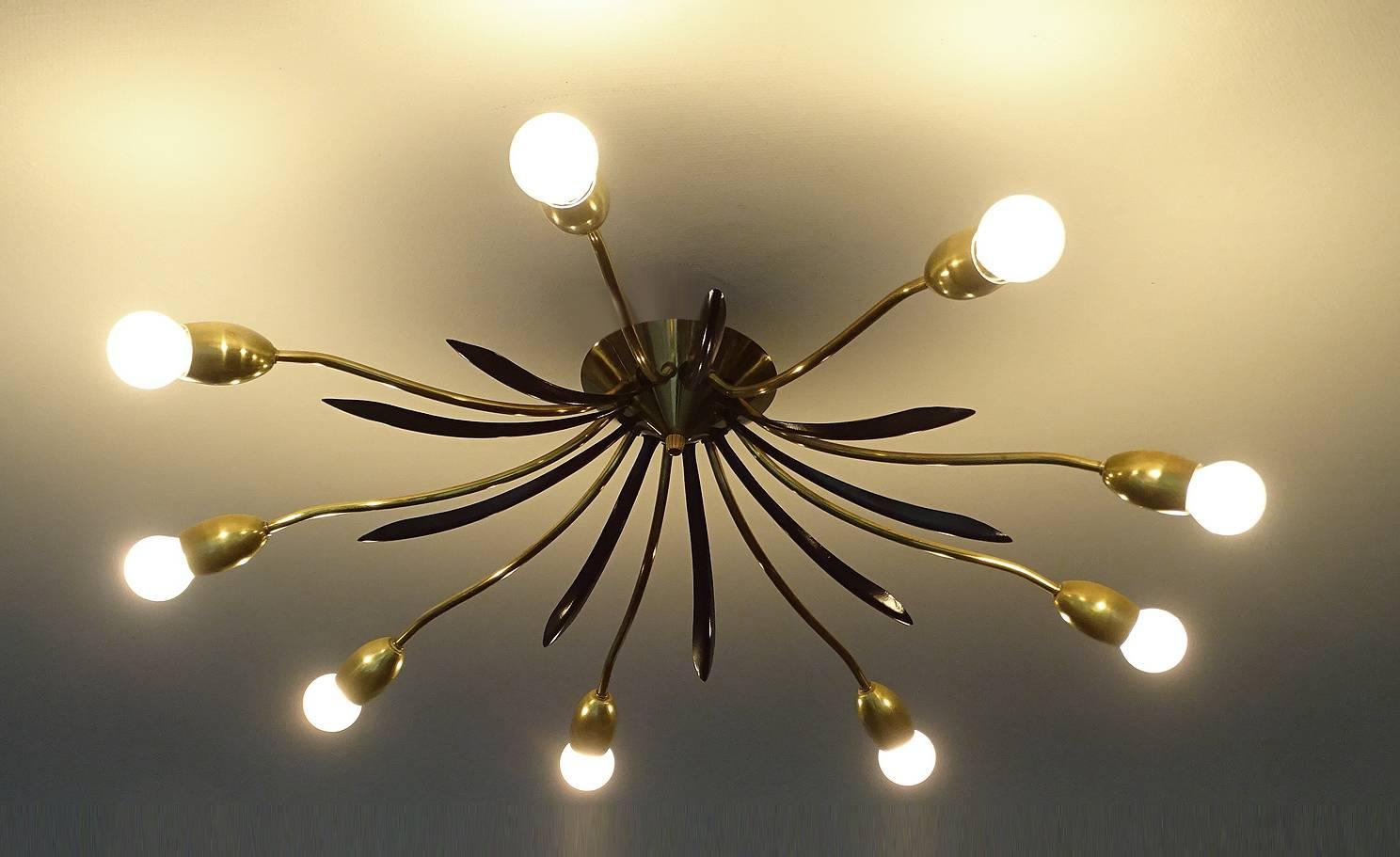 Mid-20th Century Mid-Century Sunburst Flush Mount Light Brass Ceiling Fixture