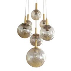 Vintage Very Large Doria Tier Glass Globes Chandelier Modernist Brass Pendant Lamp