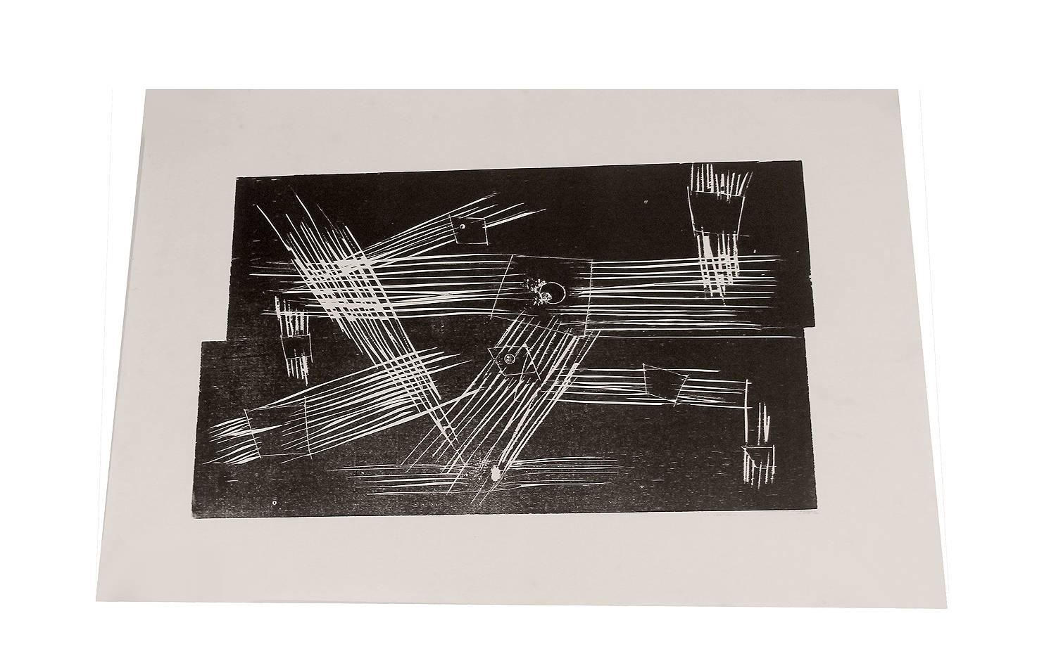 Woodblock abstract lithography on paper by Alwin Carstens (1906-1982), German constructivist Brutalist style, circa 1960s. 

No signature but stamp from estate.