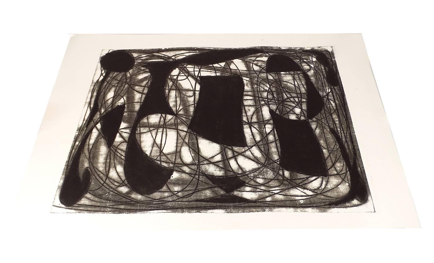 Woodblock abstract lithography on paper by Alwin Carstens (1906-1982), German constructivist Brutalist style, circa 1960s, unusual about these works
is that both faces of the paper are printed, the back side bears a different drawing, the effect