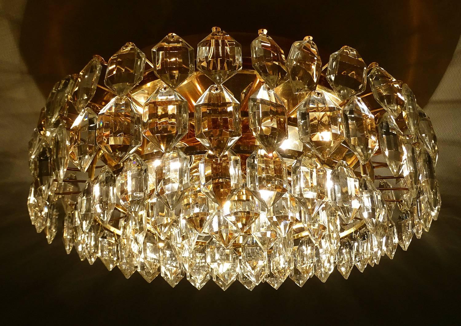 MidCentury Bakalowits Gilded Brass Crystal Flush Light,  1960s  In Excellent Condition For Sale In Bremen, DE