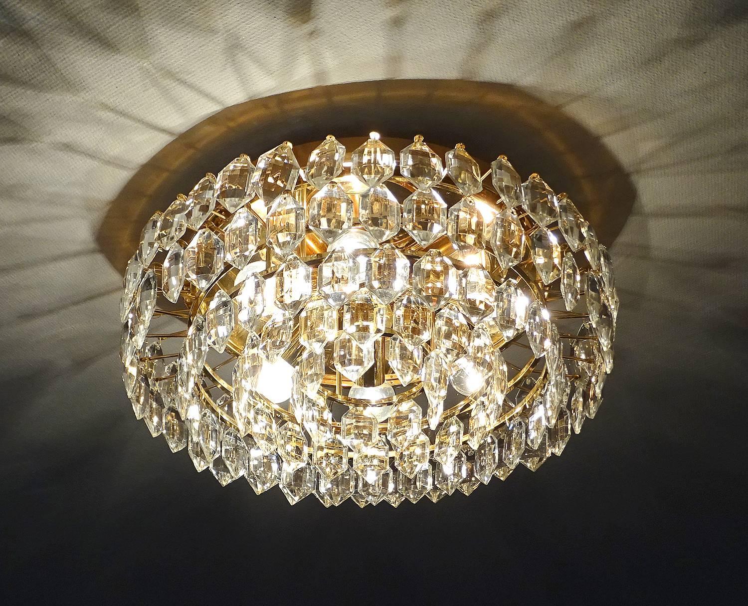 German MidCentury Bakalowits Gilded Brass Crystal Flush Light,  1960s  For Sale