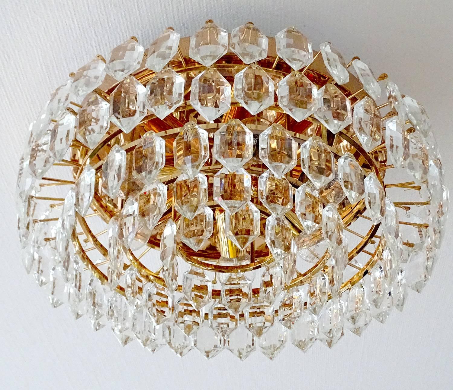 Mid-Century Modern MidCentury Bakalowits Gilded Brass Crystal Flush Light,  1960s  For Sale