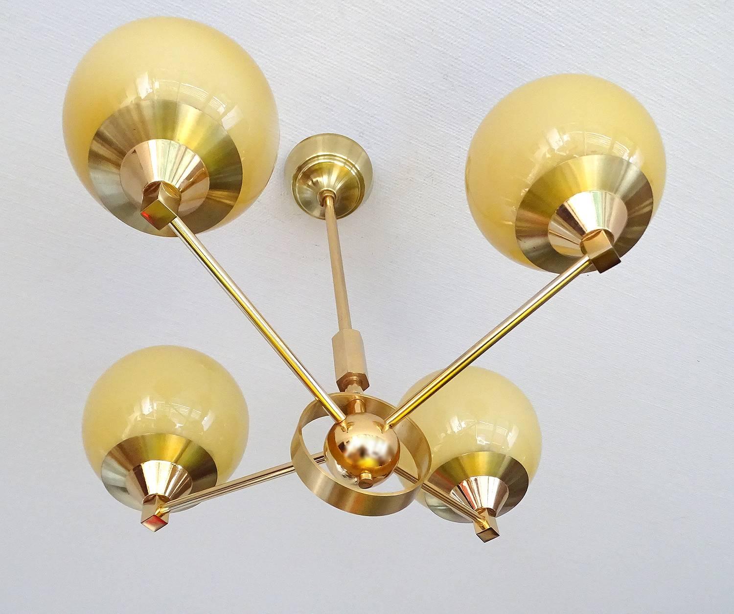 Mid-Century Modern French Maison Arlus Glass Brass Chandelier Pendant Light, Stinovo Gio Ponti Era For Sale