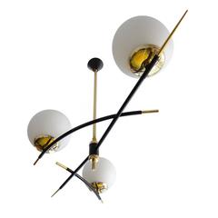 Large Linear  French Glass Globes & Brass Chandelier, 1960s Stilnovo Style Light