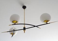 Large Linear  French Glass Globes & Brass Chandelier, 1960s Stilnovo Style Light