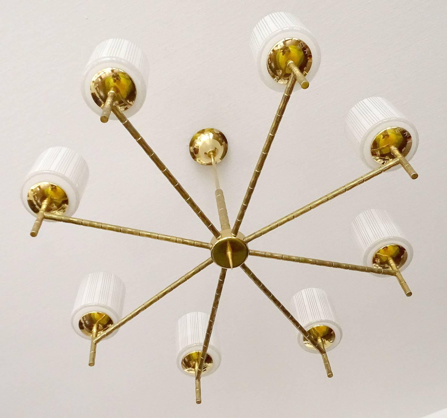 Large MidCentury Maison Bagues Brass Chandelier Glass Globes Pendant, 60s  1