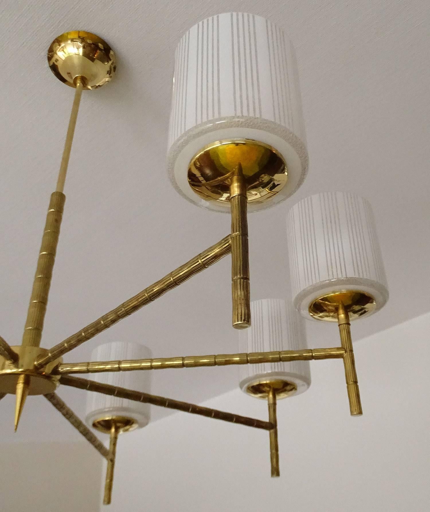 Large MidCentury Maison Bagues Brass Chandelier Glass Globes Pendant, 60s  3