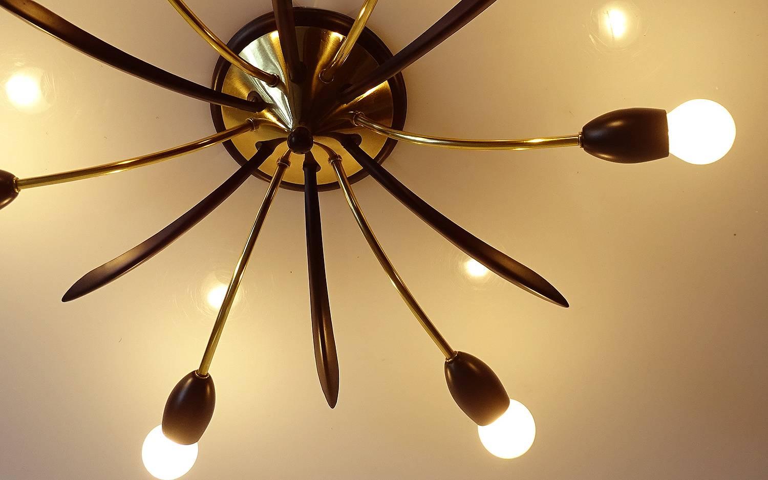 Mid-20th Century  Modernist Sunburst Brass Chandelier,  1950s Stilnovo Style Flush Pendant  Light