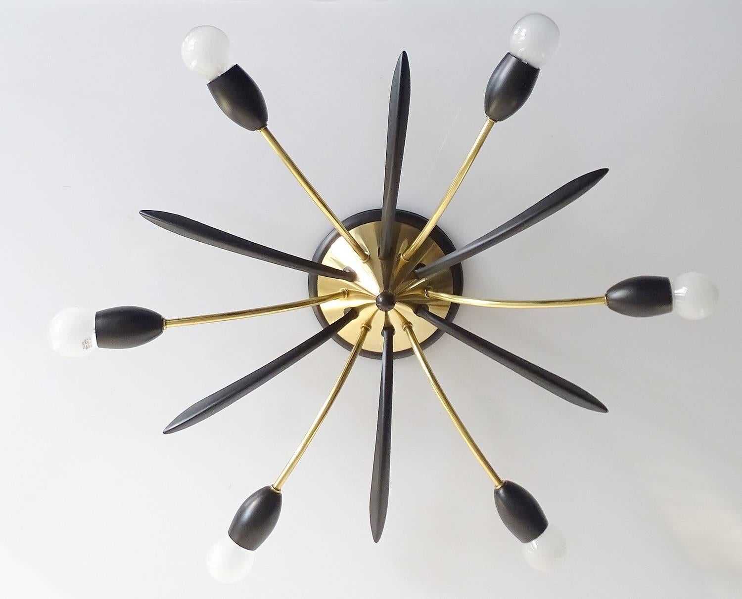 Mid-Century Modern  Modernist Sunburst Brass Chandelier,  1950s Stilnovo Style Flush Pendant  Light