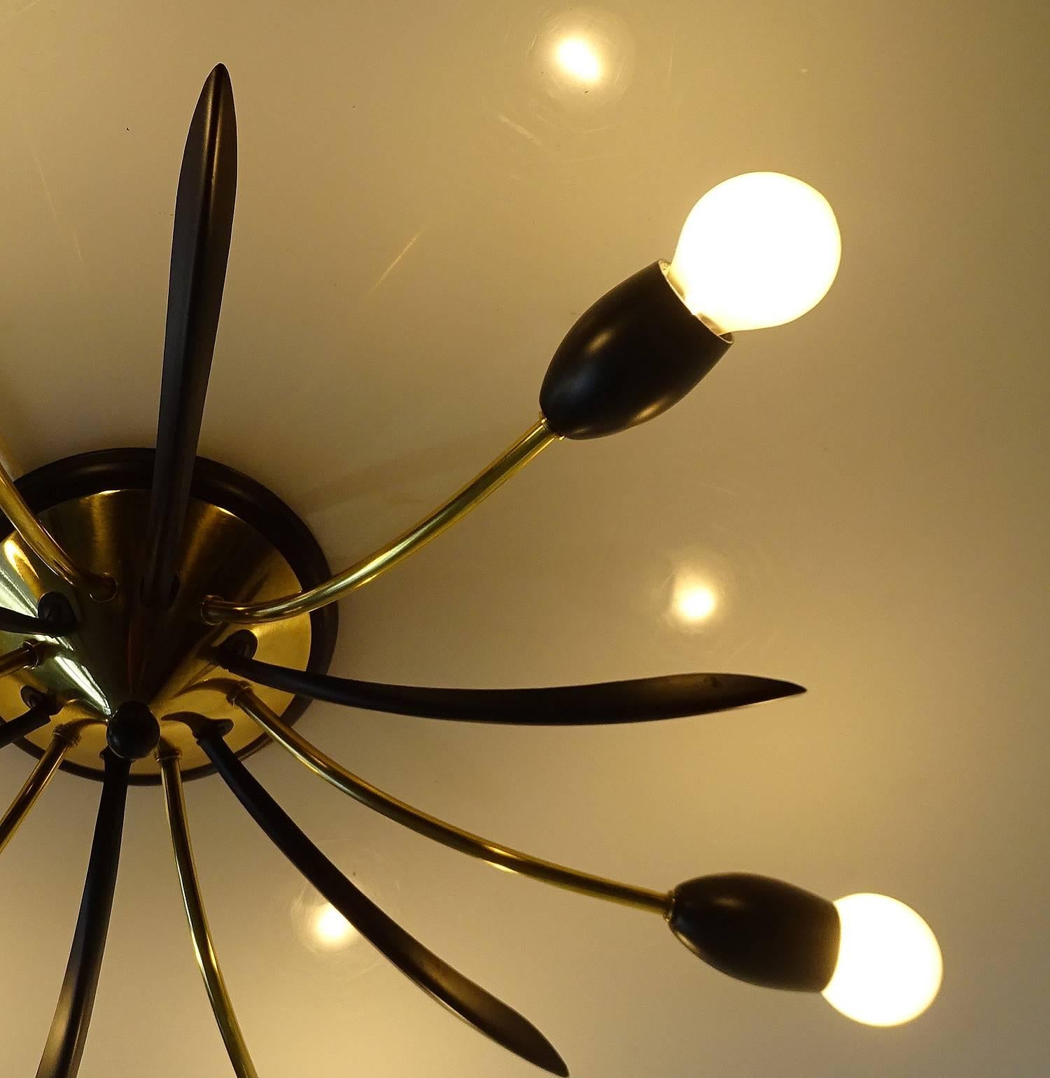 Metal  Modernist Sunburst Brass Chandelier,  1950s Stilnovo Style Flush Pendant  Light