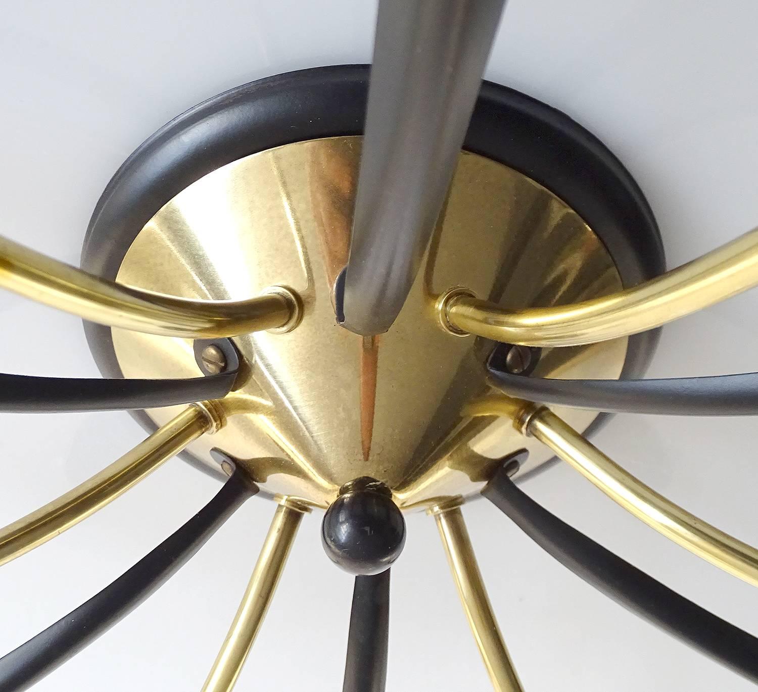  Modernist Sunburst Brass Chandelier,  1950s Stilnovo Style Flush Pendant  Light 2