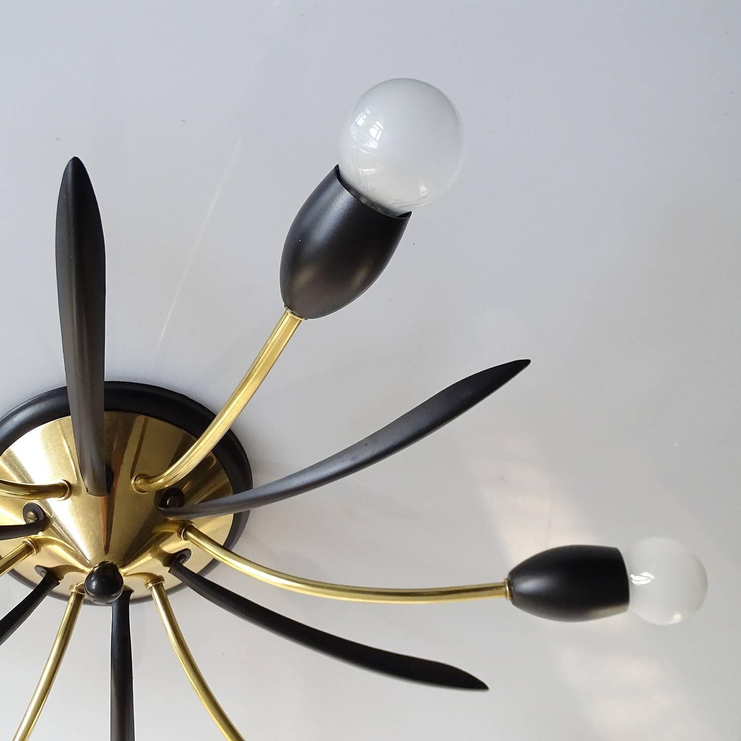  Modernist Sunburst Brass Chandelier,  1950s Stilnovo Style Flush Pendant  Light 1