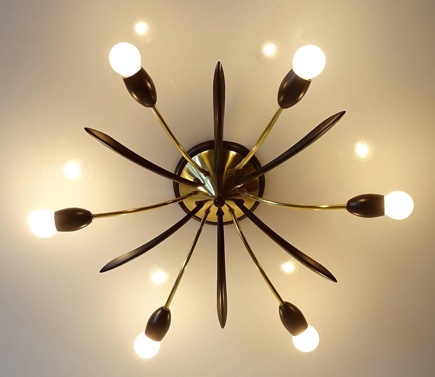 Italian  Modernist Sunburst Brass Chandelier,  1950s Stilnovo Style Flush Pendant  Light