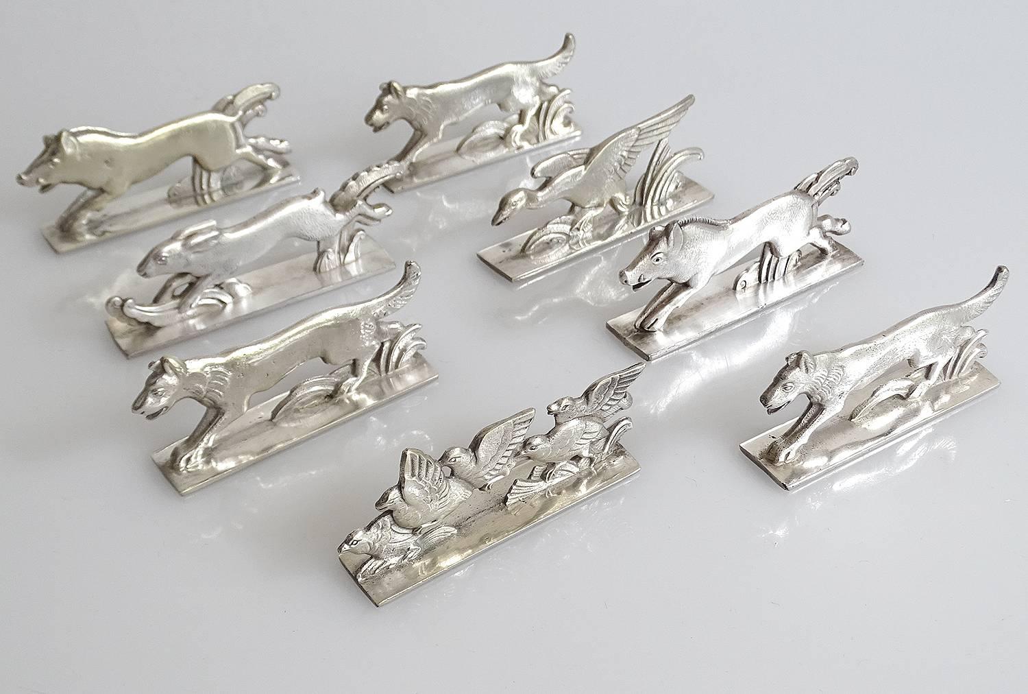 Set of eight French Art Deco knife rests manufactured circa 1930-1935, silver plated bronze, here with boarr (2) hare, quail, fox (three) and duck



The Art Deco style name was derived from the Exposition Internationale des Arts De´coratifs et