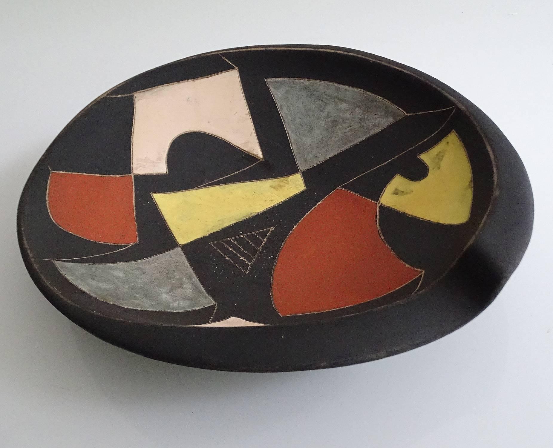 European MidCentury Modernist Abstract Art Painting Ceramic Bowl, Capron Orlando Era For Sale