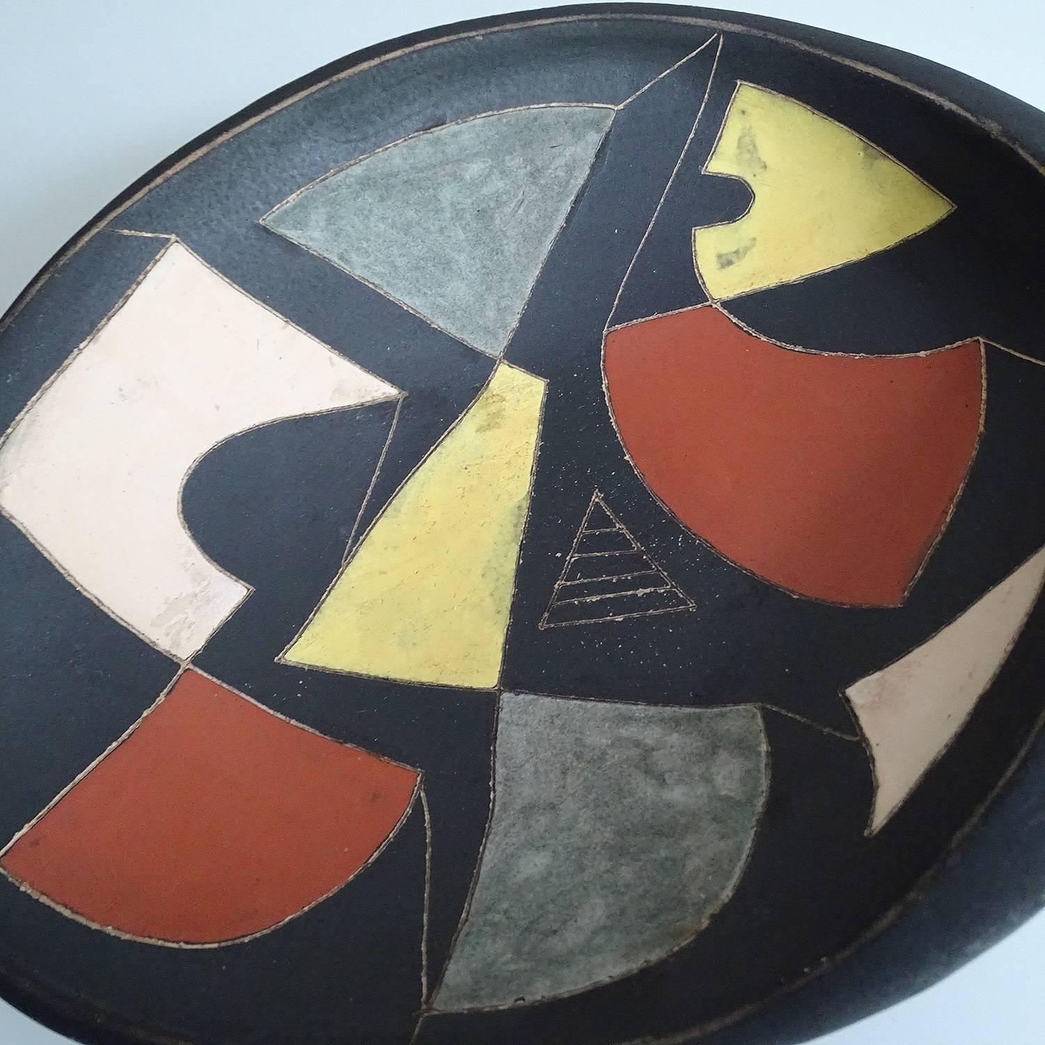 MidCentury Modernist Abstract Art Painting Ceramic Bowl, Capron Orlando Era For Sale 1