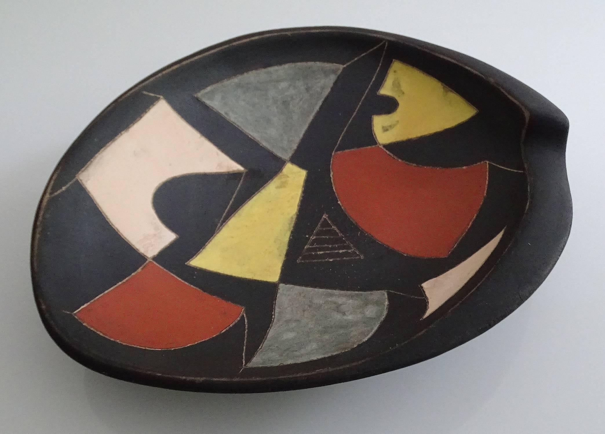 Mid-20th Century MidCentury Modernist Abstract Art Painting Ceramic Bowl, Capron Orlando Era For Sale