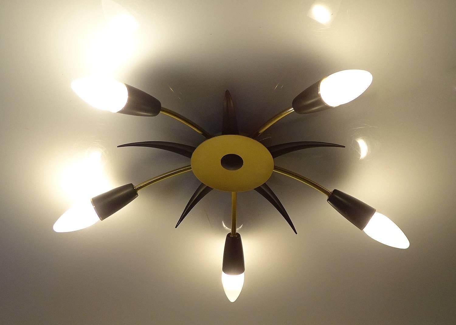 Mid-Century sunburst  lush mount light with five brass spokes and black enameled fittings intertwined with black enameled petals 
3.94 in. / 10 cm H
Diameter
20.47 in. (52 cm) all dimensions include bulbs
Five candelabra size bulbs, each 40
