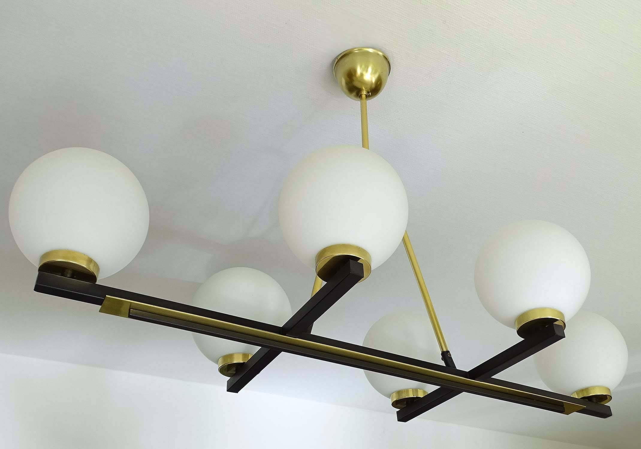 Mid-20th Century Large Modernist  Linear Glass Brass Maison Arlus Chandelier, Stilnovo Style 