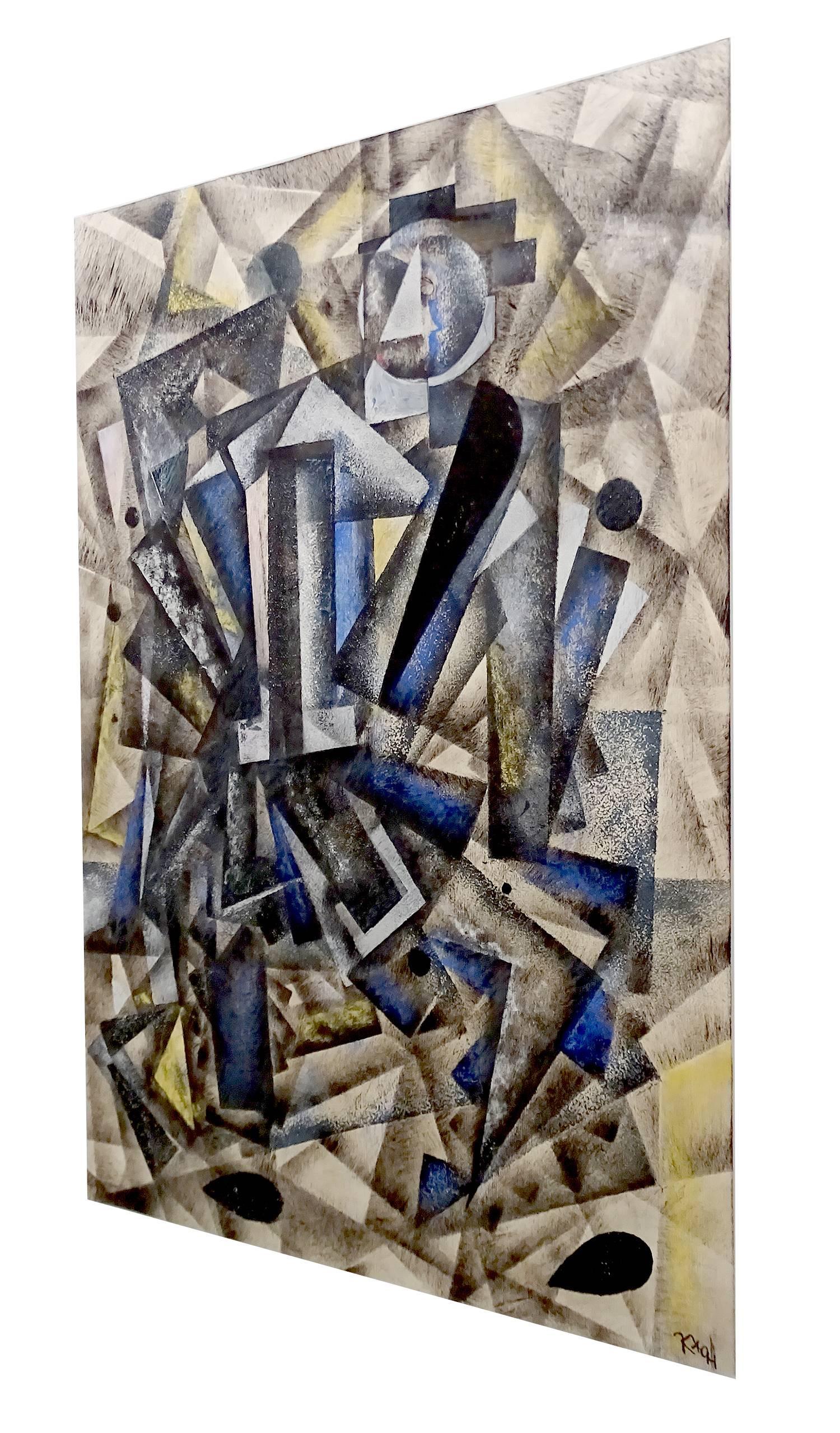 Stunning Avant Garde painting in the style of Marcel Duchamps and russian painters of the 1910s-1920s (Malevich, Rodchenko, Popova) but probably from a later period (1950s, 1960s) featuring a human figure in different superimposed static positions