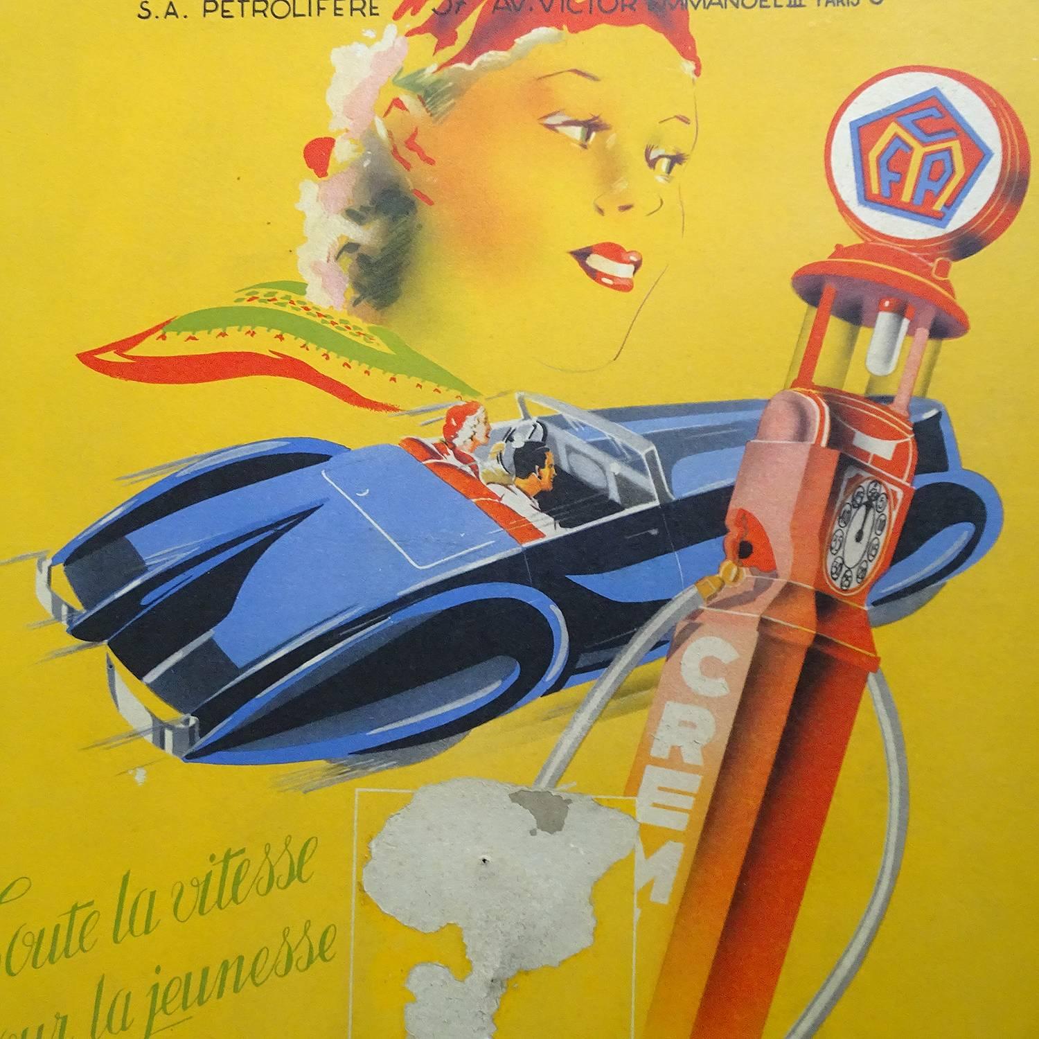 Mid-20th Century French Vintage Car Delahaye Bugatti Advertising Calendar Wall Display Poster For Sale