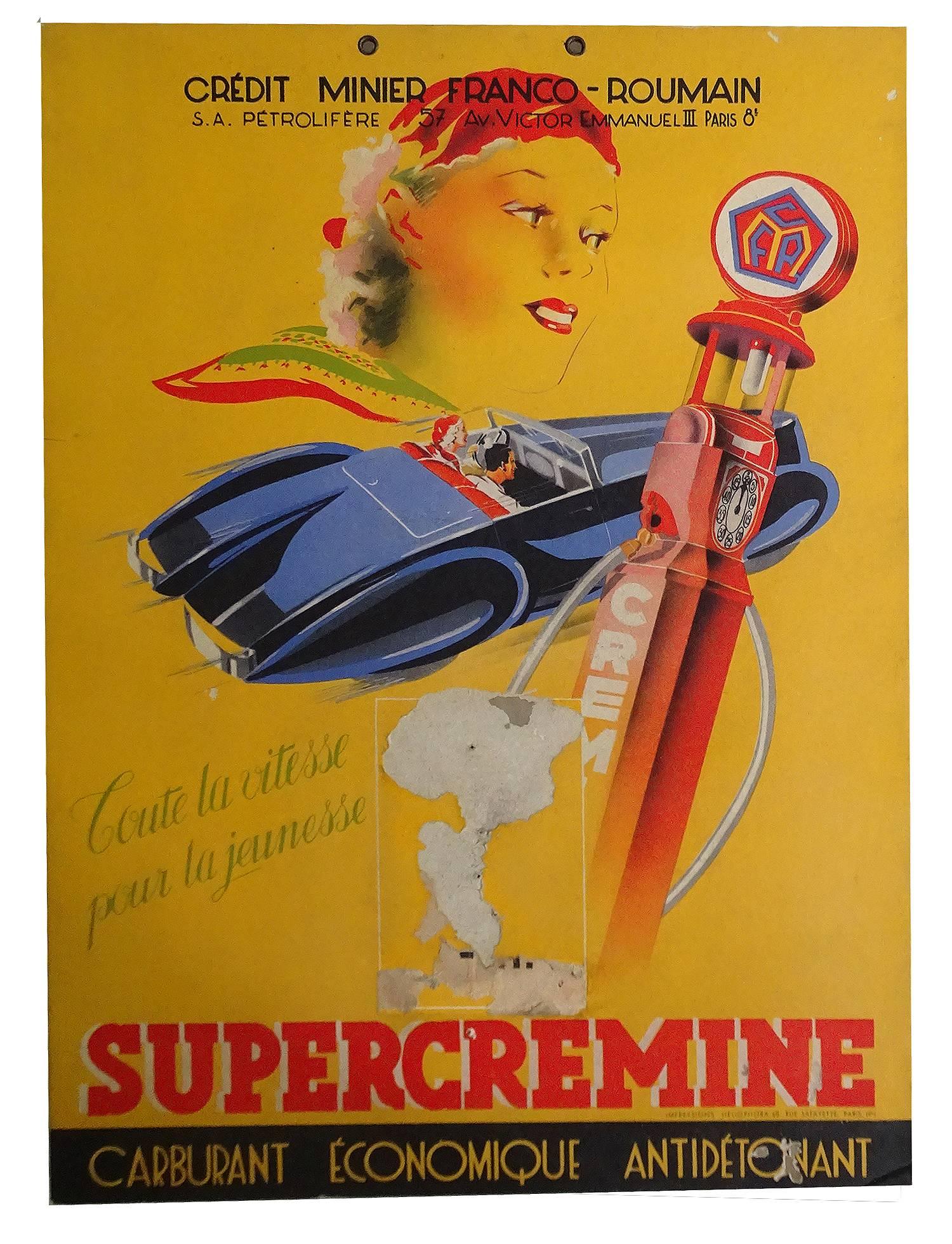 Extremely rare wall calendar display poster for the credit minier franco-roumain, France, circa 1938, featuring a Figoni styled Delahaye, there used to be tear-down calendar in the middle, great color and graphics.