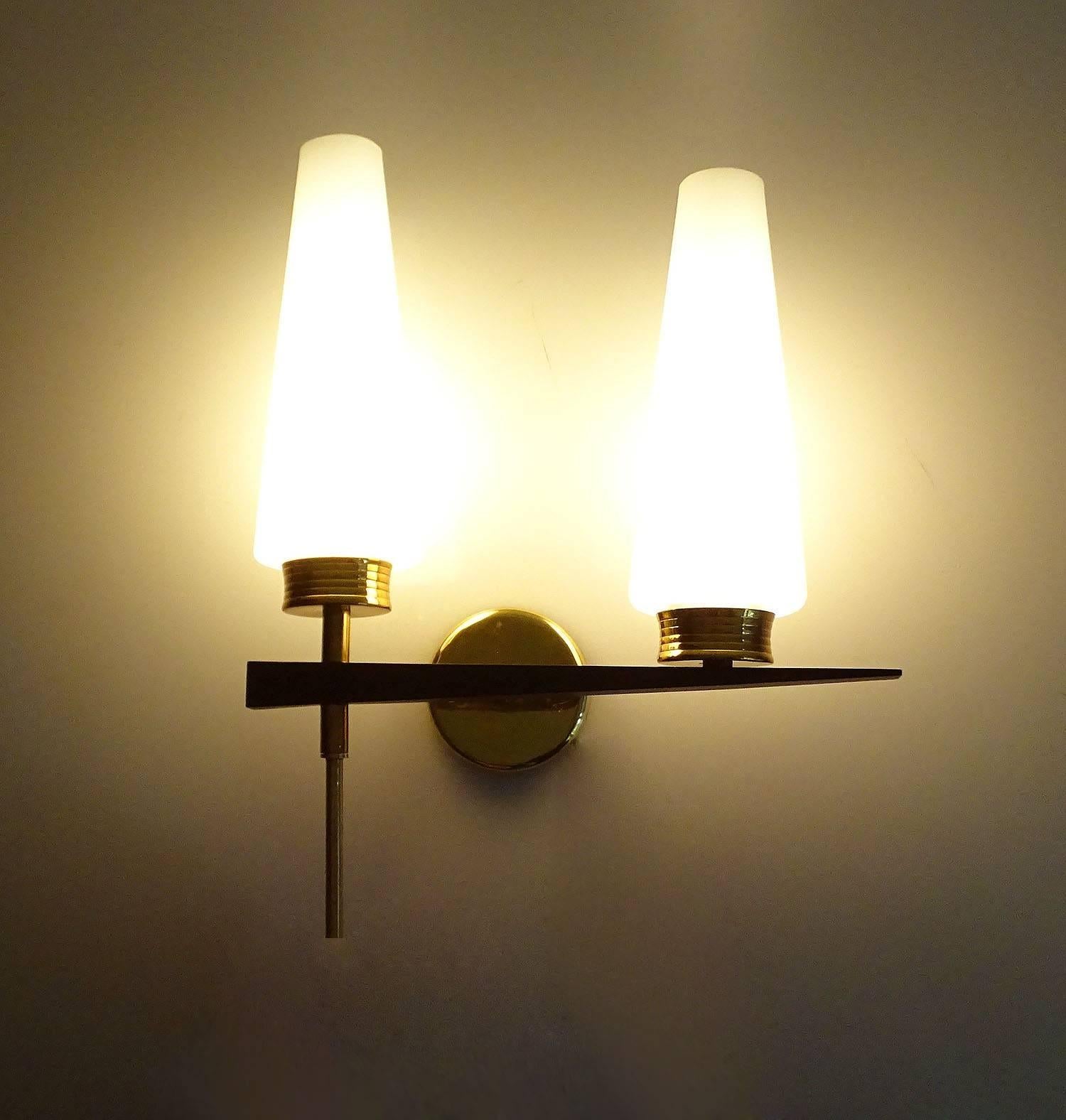 Mid-Century Modern Pair of French Architectonic Midcentury Lunel Glass Brass Sconces Wall Lights