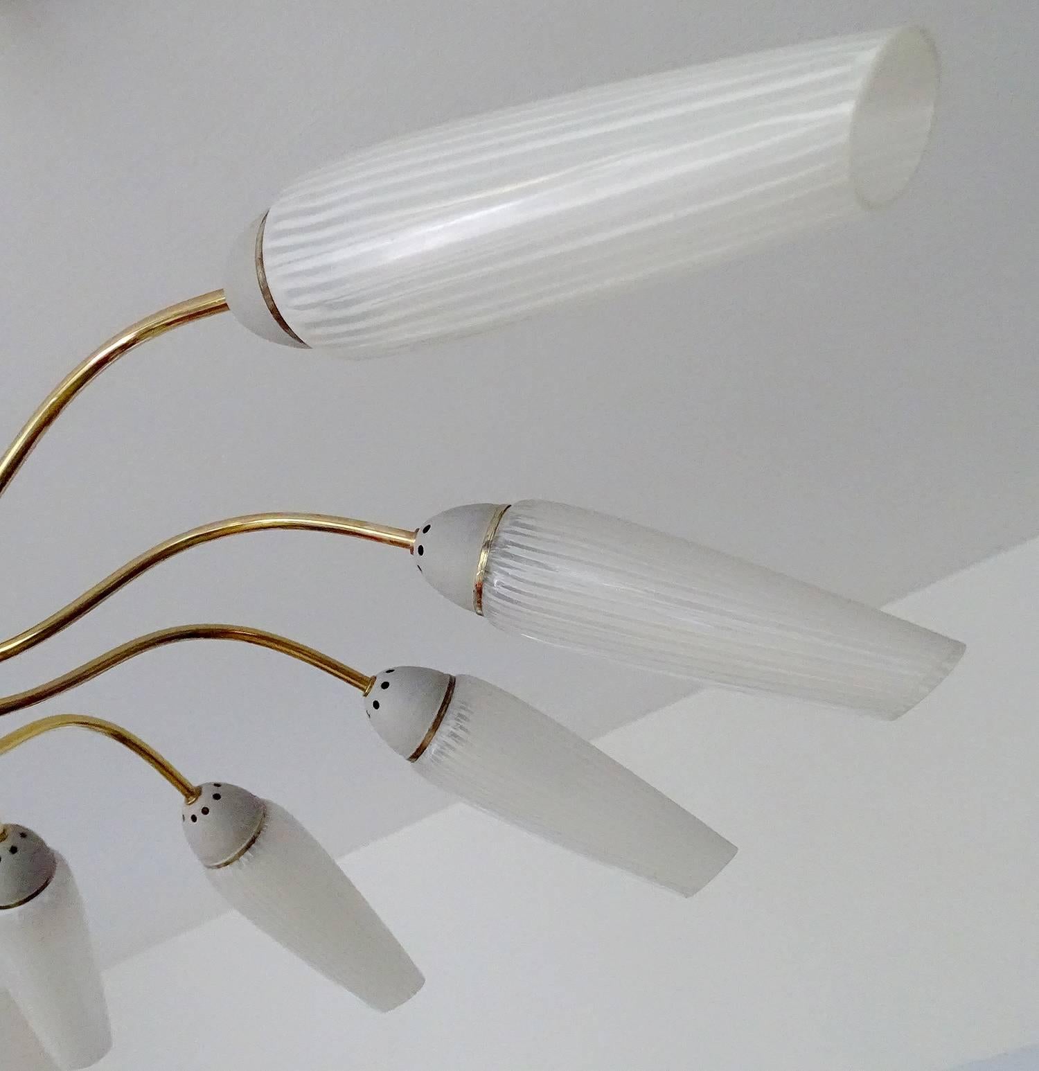 Large 12 Light Brass Glass Sputnik Chandelier,  Stilnovo Gio Ponti Era  For Sale 4