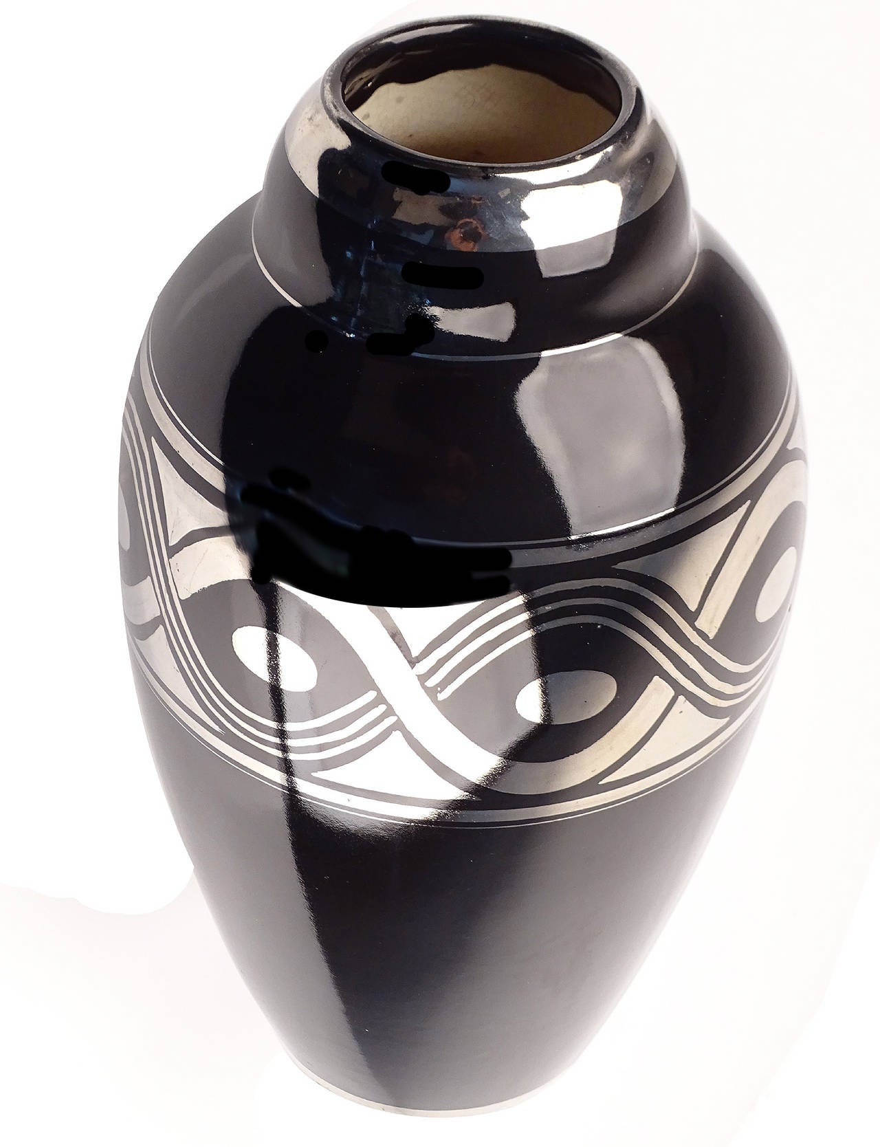 Large French Art Deco Vase with Silver Ornaments, 1930s Modernist Ceramic Design In Excellent Condition In Bremen, DE