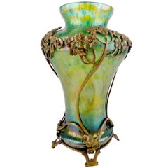 Art Nouveau Kralik Glass Vase with Flower Bronze Overlay, 1900s, Tiffany Style