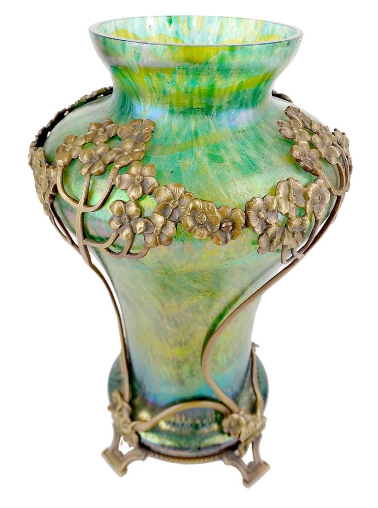 Art Nouveau Kralik Glass Vase with Flower Bronze Overlay, 1900s