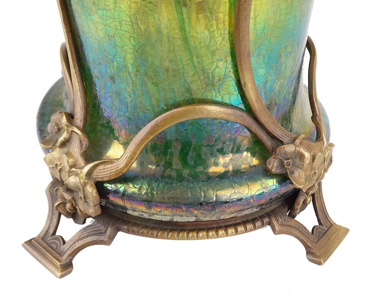 Austrian Art Nouveau Kralik Glass Vase with Flower Bronze Overlay, 1900s, Tiffany Style For Sale
