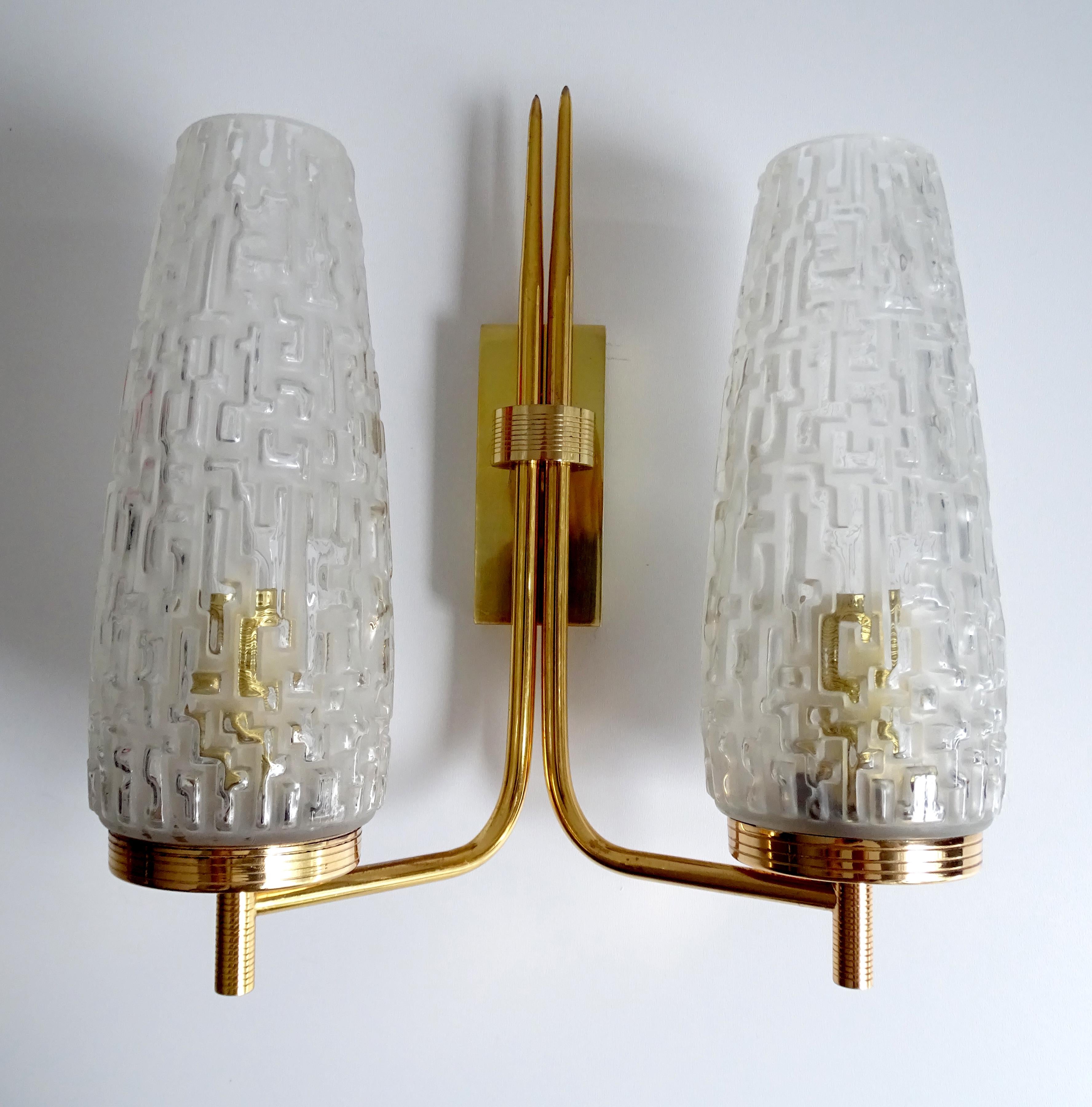 French  UNIQUE Set of  Sconces,  Arlus France, Glass Brass, Stilnovo Style For Sale