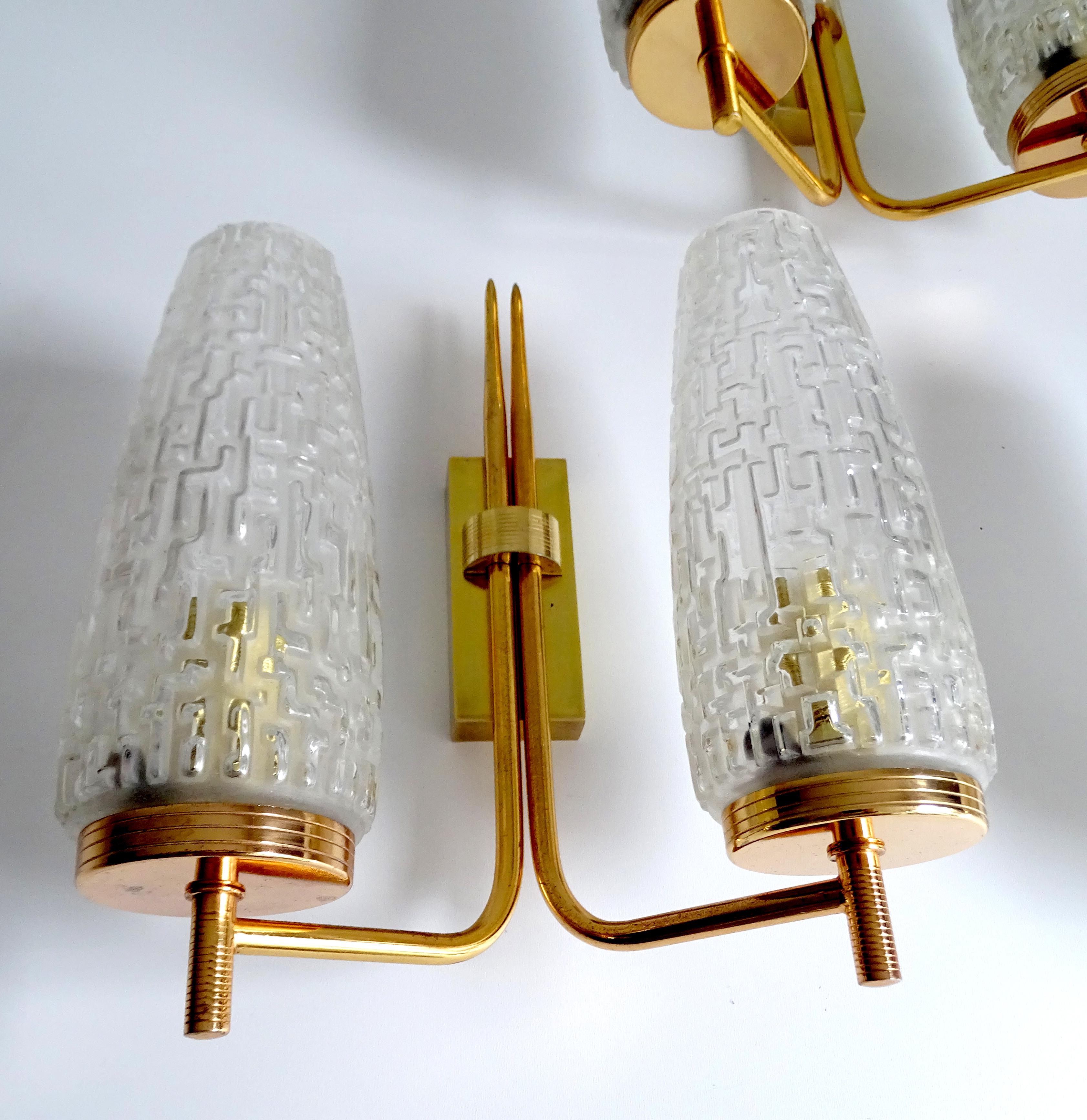  UNIQUE Set of  Sconces,  Arlus France, Glass Brass, Stilnovo Style For Sale 5