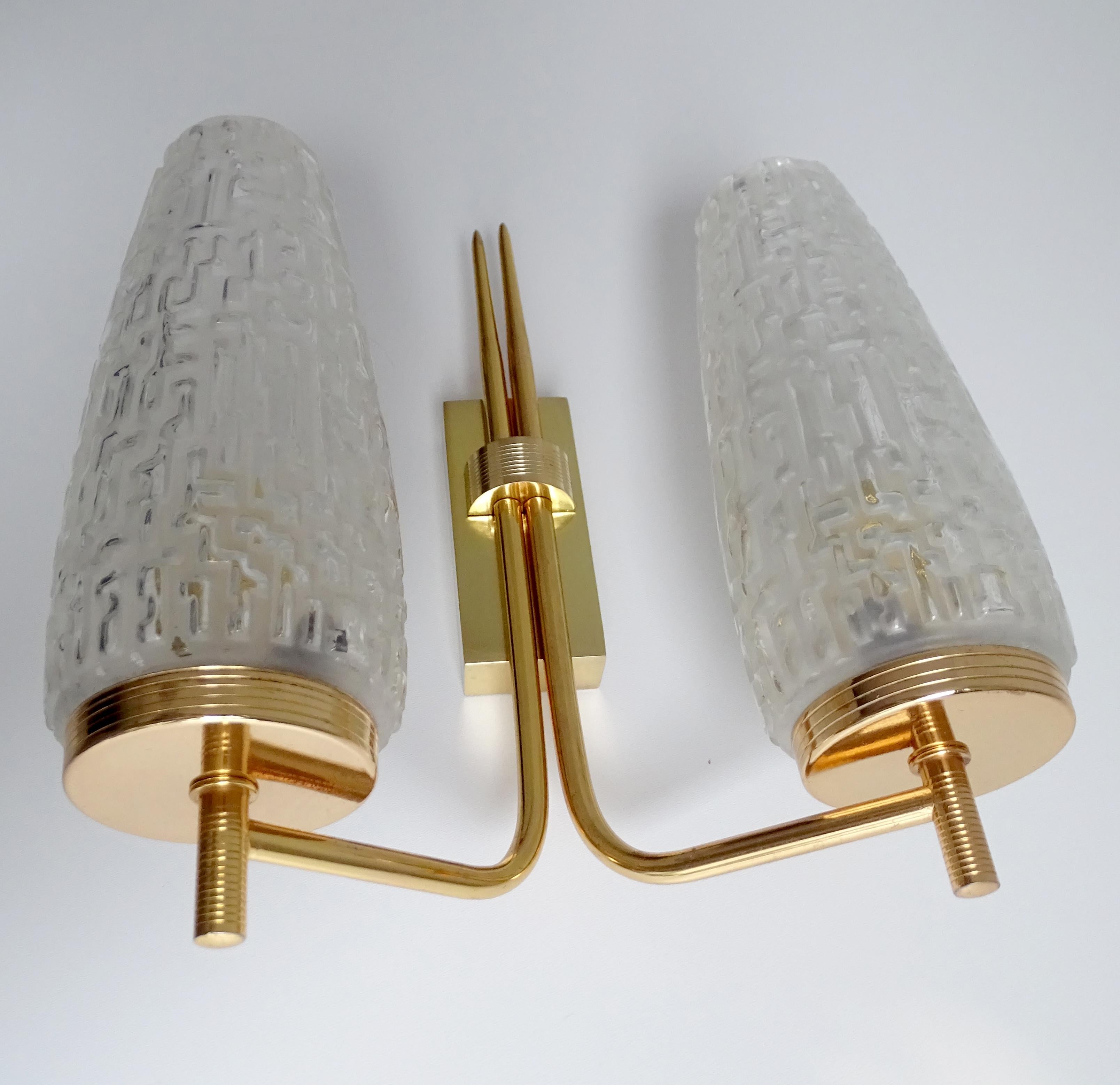  UNIQUE Set of  Sconces,  Arlus France, Glass Brass, Stilnovo Style For Sale 7