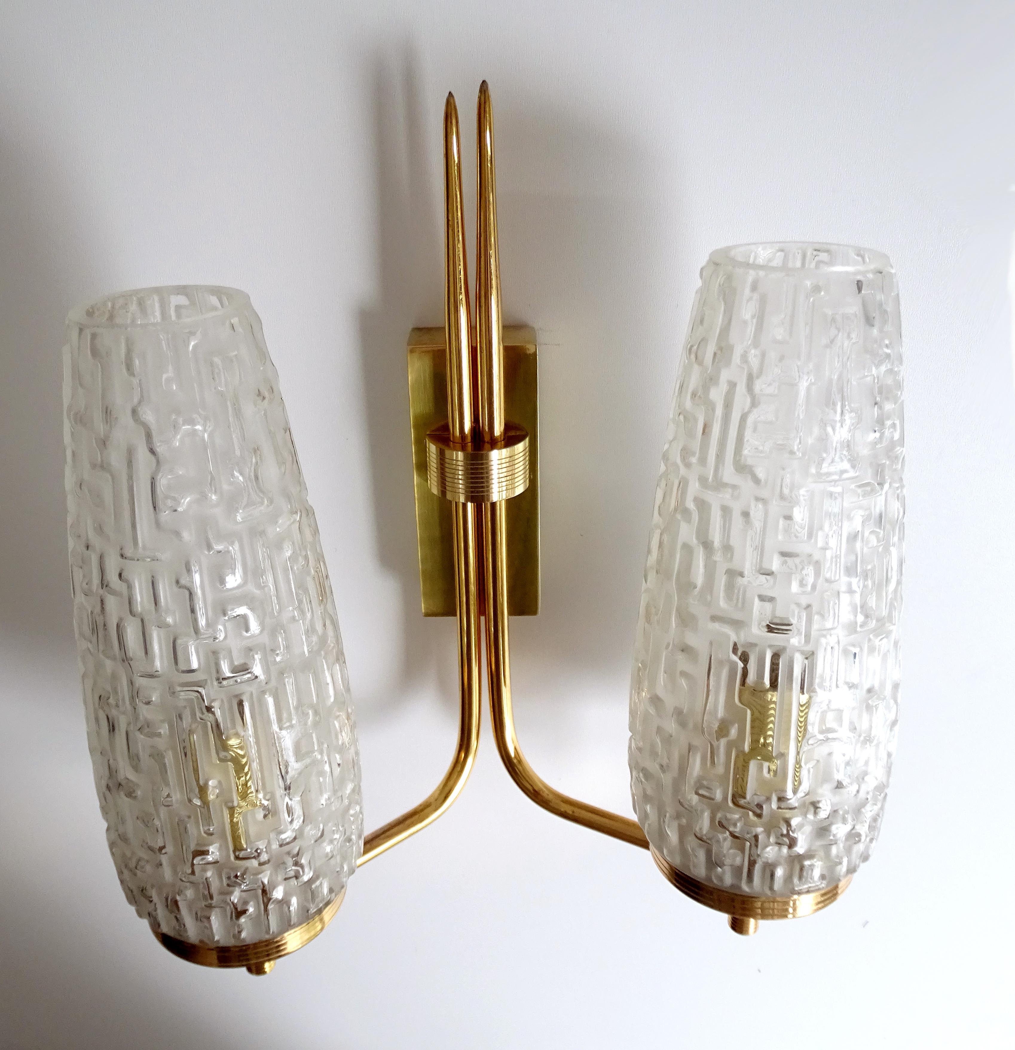  UNIQUE Set of  Sconces,  Arlus France, Glass Brass, Stilnovo Style For Sale 8