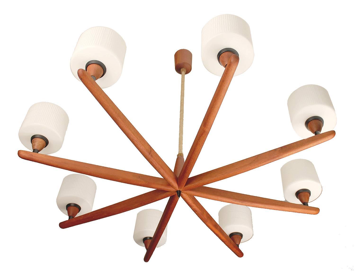 Mid-20th Century Danish Modern Luxus Teak Chandelier Modernist Glass Ceiling Lamp 60s 50s