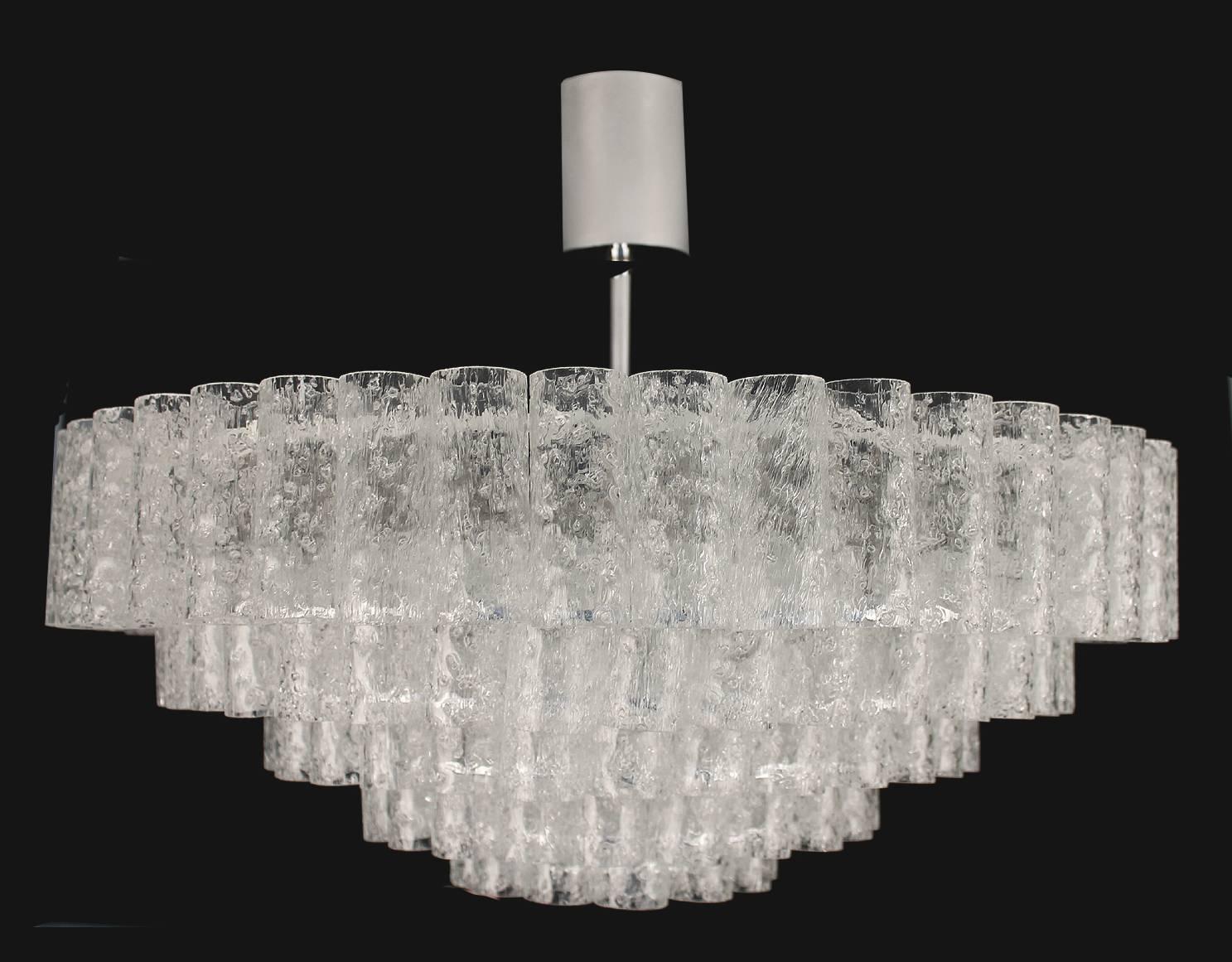 Very large Doria glass and chrome chandelier flush mount light with 150 structured glass tubes. This is the model 4126, which received the prestigious german design excellence award IF (Industrieform) in 1968.

15 candelabra size bulbs. wrun on